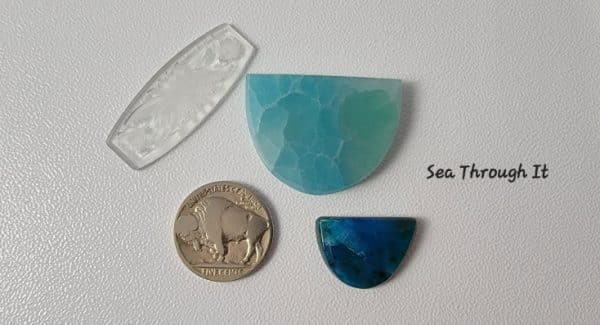 chrysocolla, smithsonite, etched glass cabochons.