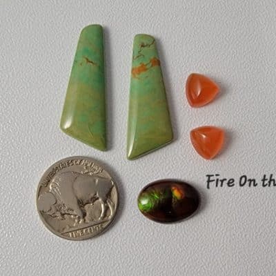 fire agate, turquoise, orange chalcedony cabochons.
