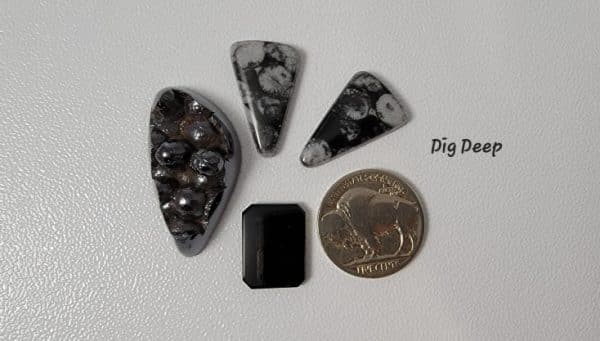 onyx faceted stone, raw hematite druzy, fossil cabochons.